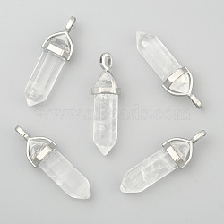 Natural Quartz Crystal Double Terminated Pointed Pendants, Rock Crystal, with Random Alloy Pendant Hexagon Bead Cap Bails, Bullet, Platinum, 37~40x12mm, Hole: 3mm(G-F295-05P)