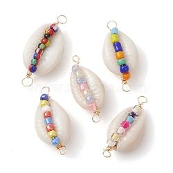 Natural Shell Copper Wire Wrapped Connector Charms, Shell Shape Links with Glass Seed Beads, Golden, Mixed Color, 26~29x11~14x8.5~9.5mm, Hole: 1.6~3mm(PALLOY-JF02430)