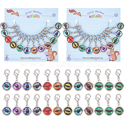 Glass Flat Round Eye Charm Locking Stitch Markers, Zinc Alloy Lobster Claw Clasps Locking Stitch Marker, Mixed Color, 3.6cm, 12pcs/set(HJEW-PH01713)