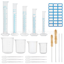 GLOBLELAND Measuring Cylinder Tools Sets, with Plastic Measuring Cylinder & Cup, Glass Stirring Rod, Pig Hair Test Tube Brush, Plastic Pipettes, Sticker Labels, Clear(TOOL-GB0001-02)