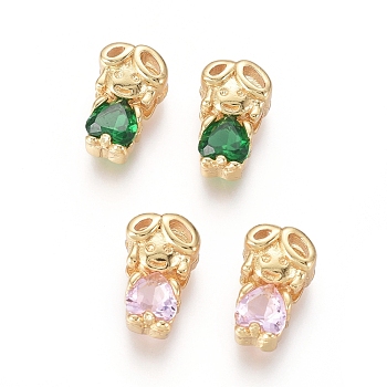 Golden Plated Brass Charms, with Cubic Zirconia, Girl, Mixed Color, 12x7.5x4.5mm, Hole: 1x3mm