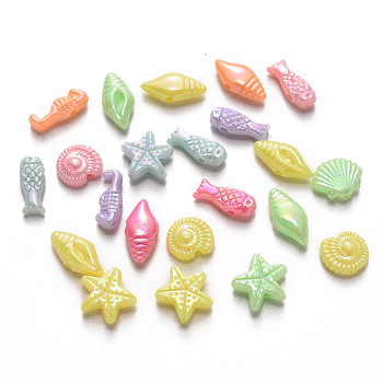 Opaque Acrylic Beads, AB Color Plated, Mixed Marine Organism Shapes, Mixed Color, 5~14x5~12x3.5~4.5mm, Hole: 1.6mm, about 2500pcs/500g