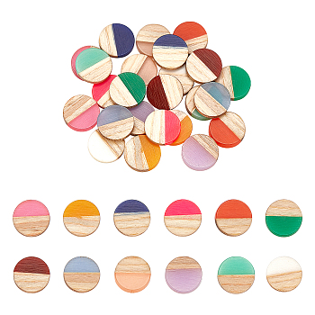 Resin & Wood Cabochons, Flat Round, Two Tone, Mixed Color, 15x3.5mm, 12 colors, 2pcs/color, 24pcs/box