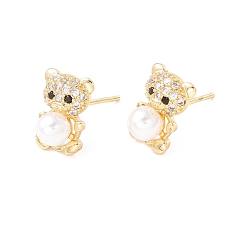 Cubic Zirconia Bear Stud Earrings with Acrylic Pearl, Brass Jewelry for Women, Lead Free & Cadmium Free, Real 18K Gold Plated, 12x8.5mm, Pin: 0.8mm