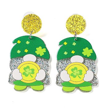 Saint Patrick's Day Sparkling Acrylic Dangle Stud Earrings, Gnome, Lime Green, 61x29.5mm