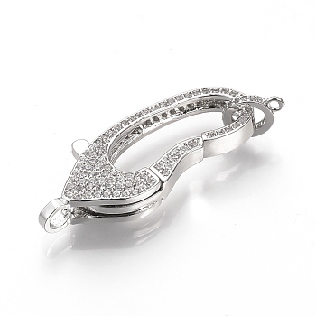 Brass Micro Pave Cubic Zirconia Lobster Claw Clasps, Platinum, 43x16x6.5mm, Hole: 1~3mm