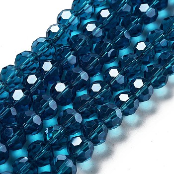 Electroplate Transparent Glass Beads Strands, Faceted, Round, Pearl Luster Plated, Teal, 10mm, Hole: 1.2mm, about 65~69pcs/strand, 23.03~24.49 inch(58.5~62.2cm)
