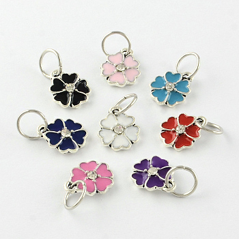Enamel Style Flower Alloy Rhinestone Charms, with Iron Findings, Antique Silver, Mixed Color, 13.5x11x3mm, Hole: 6mm