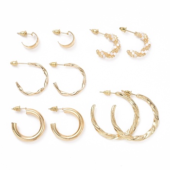 C-shape Stud Earrings, Imitation Pearl Beads Half Hoop Earrings, Alloy Open Hoop Earrings for Women, Golden, 13~35.5x3~7mm, Pin: 0.8mm, 5 pairs/set