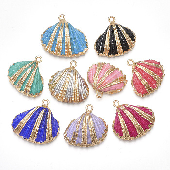 Spray Paint & Electroplate Sea Shell Pendants, with Iron Findings, Light Gold, Mixed Color, 18~30x20~30x7~11mm, Hole: 2mm