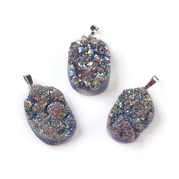 Electroplated Natural Druzy Quartz Crystal Pendants, with Brass Findings, Oval, Platinum, Rainbow Plated, 33~37x20~23x11~15mm, Hole: 8x5mm