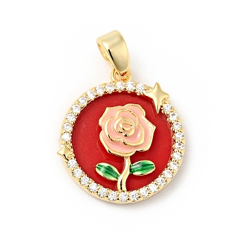 Brass Micro Pave Clear Cubic Zirconia Pendants, with Enamel, Flat Round with Rose, FireBrick, 17x15x4mm, Hole: 5x3mm