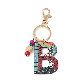 Wood Keychain, with Dye & Iron Key Ring, Letter B, 11.6~12.1cm