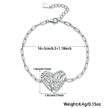 Rhodium Plated 925 Sterling Silver Cable Chains Bracelets, Heart Link Bracelets for Women, Platinum, 6-1/4 inch(16cm)