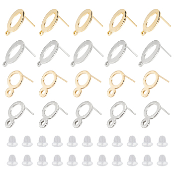 40Pcs 4 Style 201 Stainless Steel Stud Earring Findings, with Horizontal Loops and 316 Stainless Steel Pin, Ring & Oval, with 50Pcs Plastic Ear Nuts, Golden & Stainless Steel Color, 14x9~9.5mm, Hole: 1~2.1mm, Pin: 0.7mm, 10Pcs/style