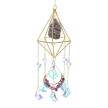 Iron & Natural Amethyst Hanging Suncatchers, with Glass Moon Pendants, for Outdoor & Garden Decor, 440mm