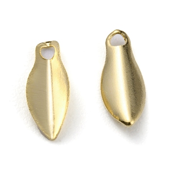Brass Charms, Long-Lasting Plated, Leaf, Real 24K Gold Plated, 9x3.5x1.5mm, Hole: 1mm