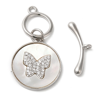 Brass Micro Pave Clear Cubic Zirconia Toggle Clasps, with Shell, Butterfly, Platinum, 7x19x3mm, Hole: 1.5mm, Pendant: 19.5x17x2.5mm, Ring: 13x10.5x1.5, Hole: 1.5mm