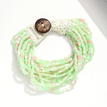 Bohemia Style Glass Beaded Multi-strand Bracelets for Women, Cotton Cord Knitting Bracelets with Coconut Clasp, Pale Green, 7-5/8 inch(19.5cm)