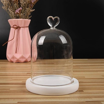 Heart Shaped Top Clear Glass Dome Cover, Decorative Display Case, Cloche Bell Jar Terrarium with Wood Base, White, 90x140mm