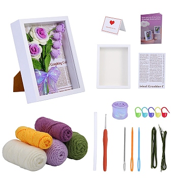 May Lily of the Valley Yarn Knitting Beginner Kit, including Photo Frame Stand, Yarns, PP Cotton Stuffing Fiber, Ribbon, Plastic Locking Stitch Marker & Crochet Hooks & Needle, Mixed Color, 22x16.5x4.5cm