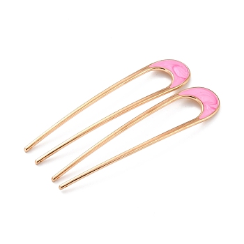 Alloy Enamel Hair Forks, U-shaped, Vintage Decorative for Hair Diy Accessory, Golden, Deep Pink, 101.5x21x3mm