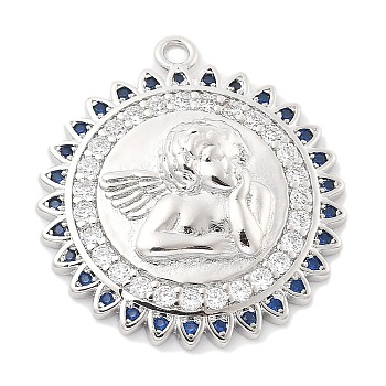 Brass Micro Pave Cubic Zirconia Pendants, Flat Round with Angel Charms, Rack Plating, Long-Lasting Plated, Lead Free & Cadmium Free, Platinum, 26.5x24x5.5mm, Hole: 1.6mm