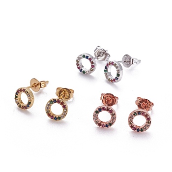 Brass Micro Pave Cubic Zirconia Stud Earrings, with Brass Ear Nuts, Ring, Colorful, Mixed Color, 7x2mm, Pin: 0.7mm