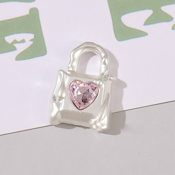 Alloy Rhinestone Charms, Matte Silver Color, Lock, Light Rose, 19x13mm