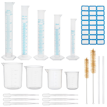 GLOBLELAND Measuring Cylinder Tools Sets, with Plastic Measuring Cylinder & Cup, Glass Stirring Rod, Pig Hair Test Tube Brush, Plastic Pipettes, Sticker Labels, Clear