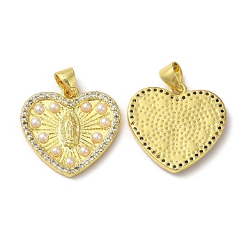 Rack Plating Brass Cubic Zirconia Pendants, with Plastic Imitation Pearl, Real 18K Gold Plated, Long-Lasting Plated, Heart, Clear, 19x19.5x2.5mm, Hole: 4.5x3mm