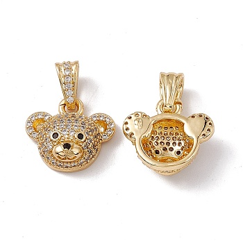 Brass Micro Pave Cubic Zirconia Pendants, Bear Head Charm, Real 18K Gold Plated, 14x16x6.5mm, Hole: 6.5x3mm