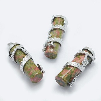 Natural Unakite Pendants, with Brass Findings, Column with Dragon, Platinum, 40.5~41.5x14x15mm, Hole: 3.5x5mm