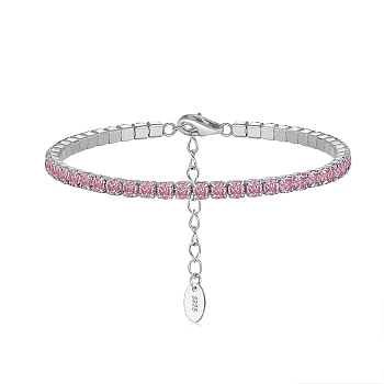Rhodium Plated Real Platinum Plated 925 Sterling Silver Link Chain Bracelet, Cubic Zirconia Tennis Bracelets, with S925 Stamp, Pink, 6-5/8 inch(16.8cm)