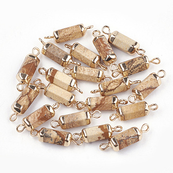 Electroplate Natural Picture Jasper Links connectors, with Iron Findings, Column, Golden, 20~21x5~6x5~6mm, Hole: 1.8mm