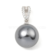 Rhodium Plated 925 Sterling Silver Pendants, with Natural Pearl Beads, Round Charms, with S925 Stamp, Real Platinum Plated, 23x12x12mm, Hole: 6.5x3mm(STER-Z003-08P)