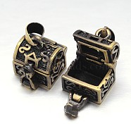 Carved Cuboid Rack Plating Brass Prayer Box Pendants, Wish Box, Nickel Free, Antique Bronze, 14x12x14mm, Hole: 5x3mm(KK-L101-24AB-NF)