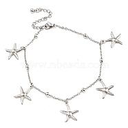 Non-Tarnish Summer Beach 304 Stainless Steel Cable Chain Starfish Charm Bracelets, Stainless Steel Color, 8-1/2 inch(21.5cm)(BJEW-P334-02P)