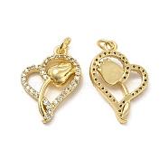 Brass Micro Pave Clear Cubic Zirconia Pendants, with Jump Ring, Heart with Tulip Flower Charm, Real 18K Gold Plated, 22x16x4mm, Hole: 3.5mm(KK-E068-VB192)