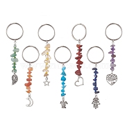 Chakra Gemstone Chip Keychains with Glass Seed Beads, Alloy Leaf & Moon & Star & Heart Charms Keychains, Mixed Shapes, 8.6~9.2cm, 7pcs/set(KEYC-JKC00473)