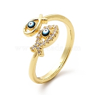 Cubic Zirconia Jesus Fish with Enamel Evil Eye Open Cuff Ring, Brass Jewelry for Women, Real 18K Gold Plated, US Size 7 3/4(17.9mm)(KK-H439-44G)
