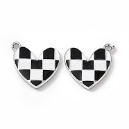 Alloy Enamel Pendants, Platinum, Heart with Tartan Pattern Charm, Black, 20.5x18x2.5mm, Hole: 1.8mm(X-ENAM-K066-05C)