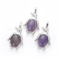 Natural Amethyst Pendants, with Brass Findings, Penguin, Platinum, 34~35x24~25x5~8mm, Hole: 8x5mm(X-G-L512-A07)