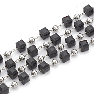Handmade Glass Beaded Chains, Soldered, with Spool, 304 Stainless Steel Findings and Iron Beads, Cube, Stainless Steel Color, Black, 3mm, about 32.8 Feet(10m)/roll(CHS-S002-01)