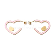 304 Stainless Steel Heart Stud Earrings, Pink Enamel Half Hoop Earrings, Golden, 28.5x1.4mm(EJEW-Z028-01G)