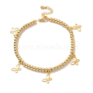 Vacuum Plating 304 Stainless Steel Butterfly Charm Bracelet with 201 Stainless Steel Round Beads for Women, Golden, 8-1/2 inch(21.6cm)(BJEW-B057-25G)