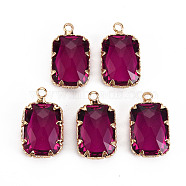 Transparent Glass Pendants, with Brass Prong Settings, Faceted, Rectangle, Light Gold, Medium Violet Red, 19x11x5.5mm, Hole: 1.6mm(X-GLAA-S193-002A)