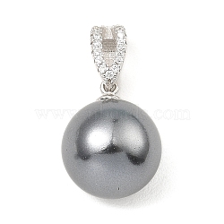 Rhodium Plated 925 Sterling Silver Pendants, with Natural Pearl Beads, Round Charms, with S925 Stamp, Real Platinum Plated, 23x12x12mm, Hole: 6.5x3mm(STER-Z003-08P)