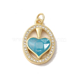 Oval with Heart Brass Micro Pave Cubic Zirconia Pendants, with Enamel & Shell, Long-Lasting Plated, Lead Free & Cadmium Free, Real 18K Gold Plated, with Jump Rings, Light Sky Blue, 21x14x4mm, Hole: 3mm(KK-K385-070G-01)