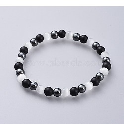 Cat Eye Stretch Bracelets, with Natural Black Agate(Dyed) Beads and Non-Magnetic Synthetic Hematite Beads, White, 2-1/4 inch(5.7cm)(X-BJEW-JB04591-01)